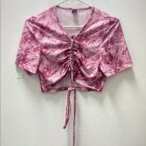 SHEIN Pink Tie-Front Ruched Crop Top